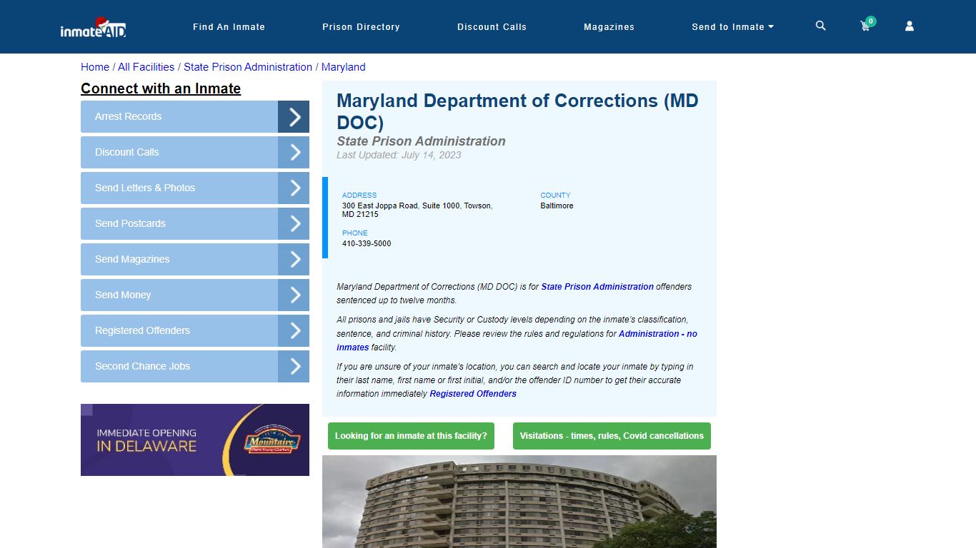 Maryland Department of Corrections (MD DOC) - InmateAid